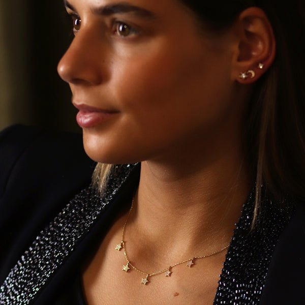 Golden Fine Chain & Crystal Star Drops Necklace