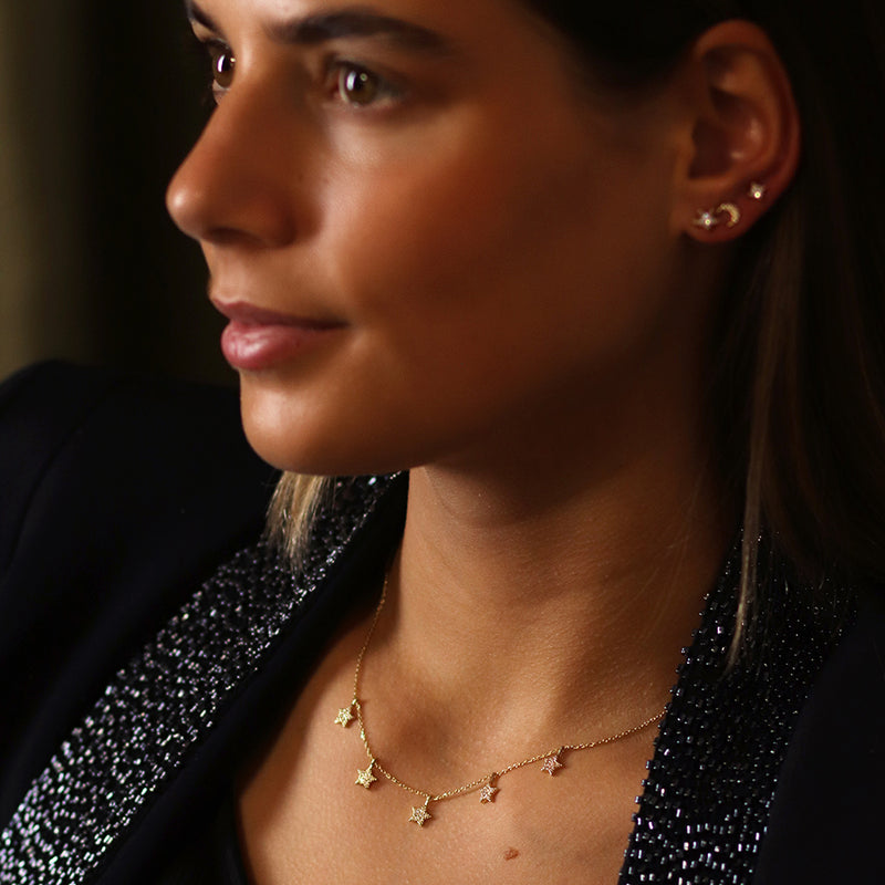 Golden Fine Chain & Crystal Star Drops Necklace