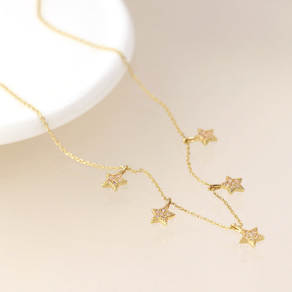 Golden Fine Chain & Crystal Star Drops Necklace