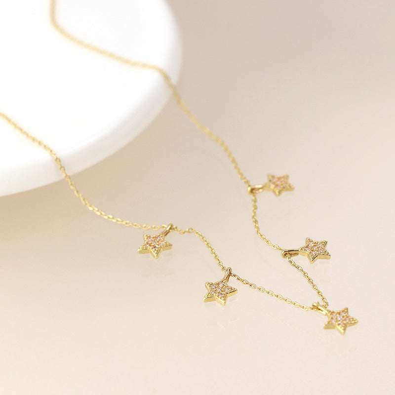 Golden Fine Chain & Crystal Star Drops Necklace