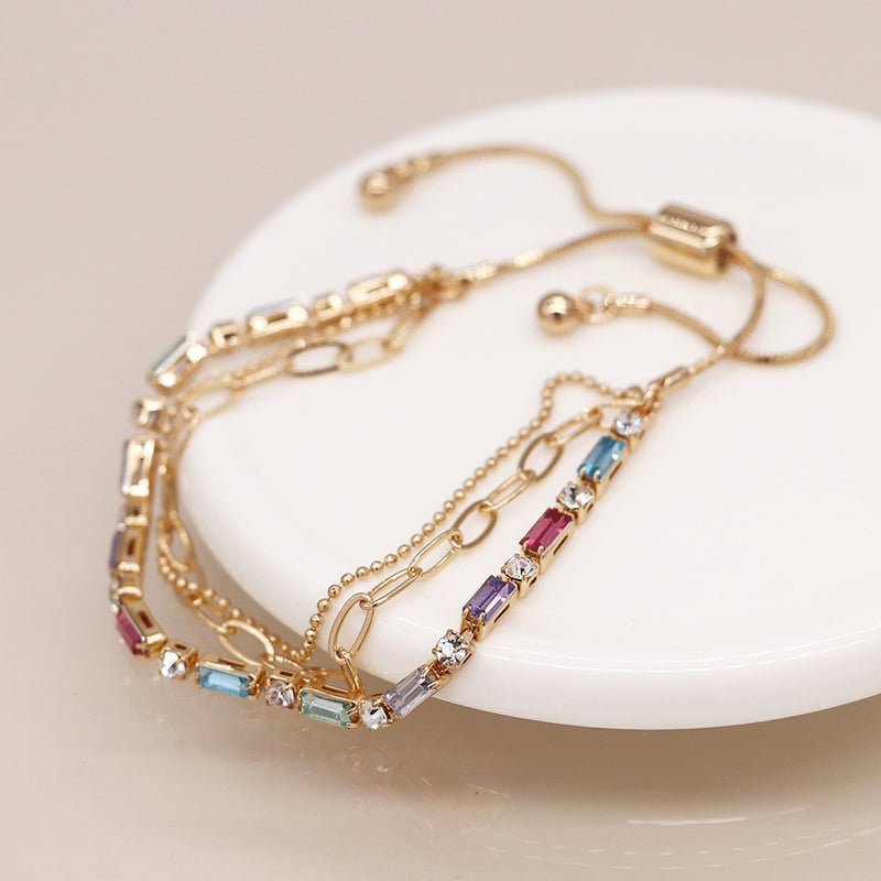 Golden Multi-Coloured Crystals & Chains Bracelet