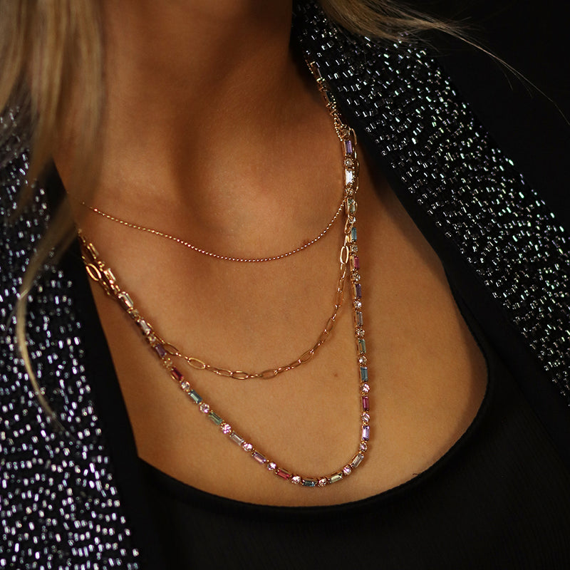 Golden Multi-Coloured Crystals & Chains Necklace