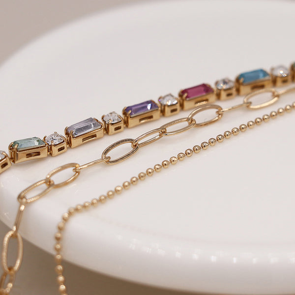Golden Multi-Coloured Crystals & Chains Necklace