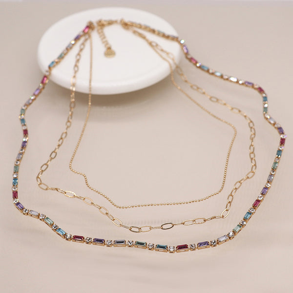 Golden Multi-Coloured Crystals & Chains Necklace