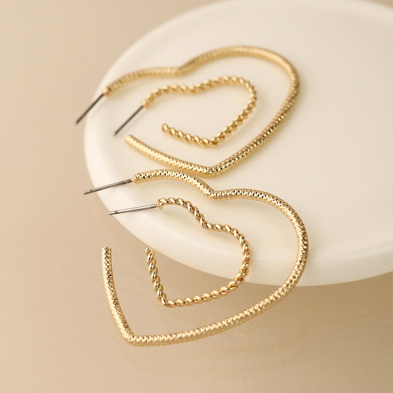 Golden Mixed Size Textured Heart Earrings