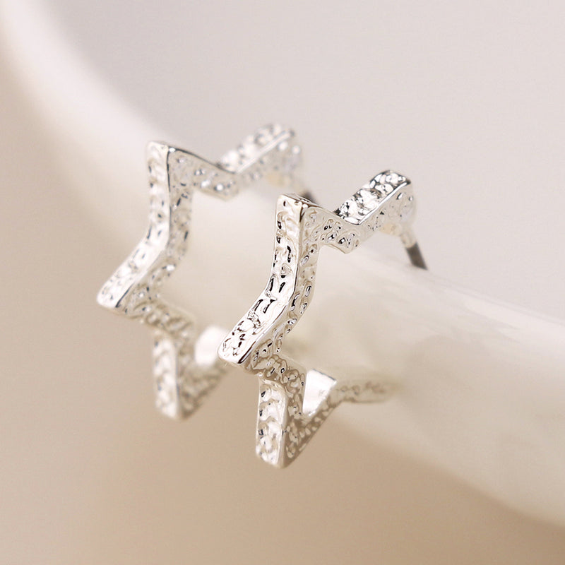 Silver Plated Textured Star Hoop Earrings