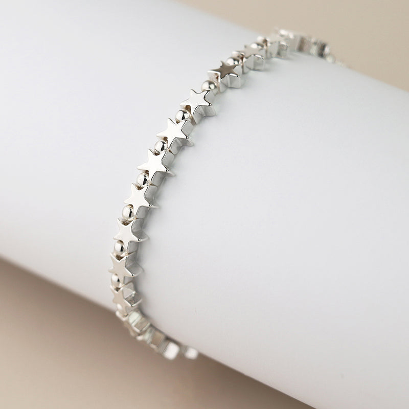 Silver Plated Polished Star Bead Bracelet