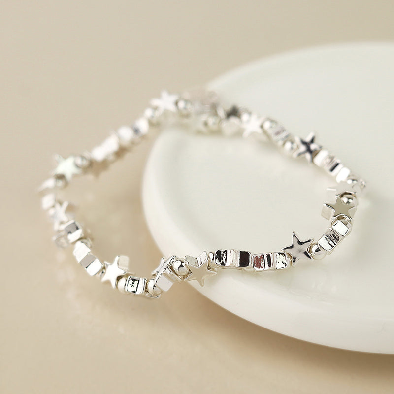 Silver Plated Polished Star Bead Bracelet