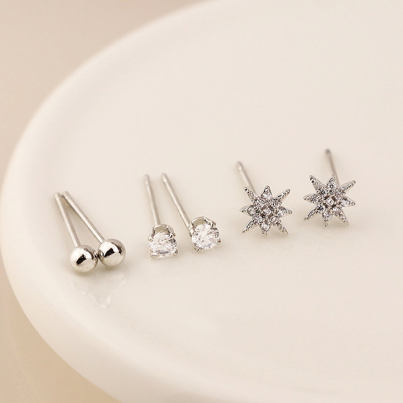Silver Crystal, Star & Bead Trio Studs