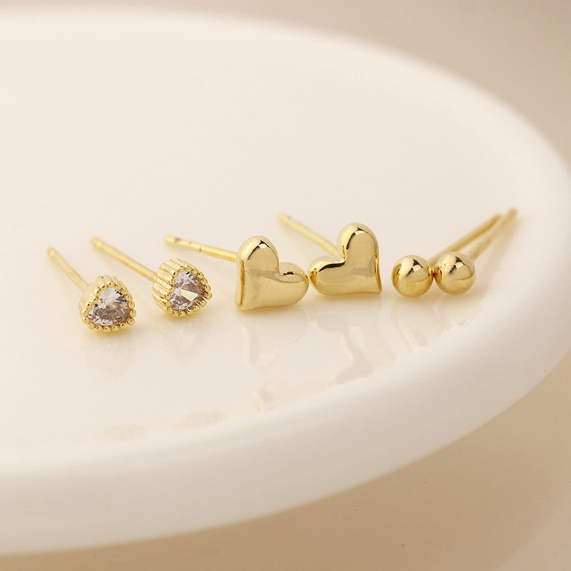 Golden Bead & Heart Trio Studs