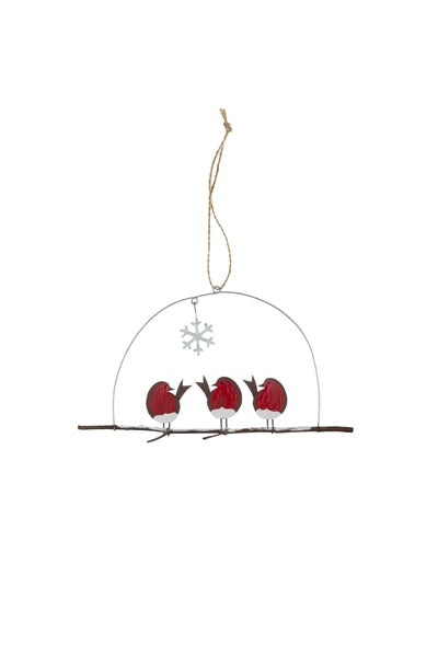 Three Robins on Perch Hanging Decoration