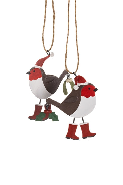Pair Of Robins In Red Wellies Hanging Decoration