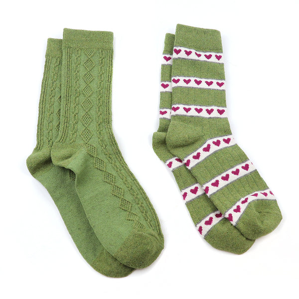 Green Cable/Hearts Mix Socks - 2 Pack