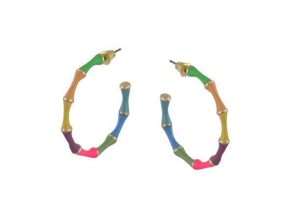 Antonia Multi Coloured Thin Bamboo Hoop Earrings - Neon