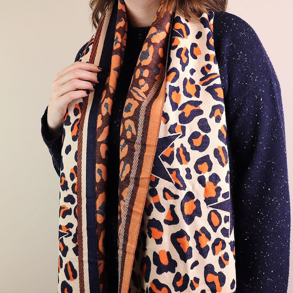 Navy, Cream & Orange Star Animal Print Scarf