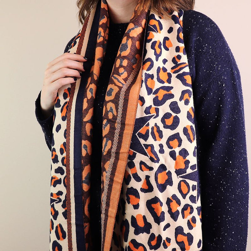 Navy, Cream & Orange Star Animal Print Scarf