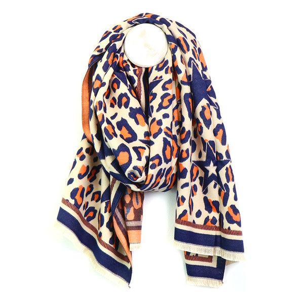 Navy, Cream & Orange Star Animal Print Scarf