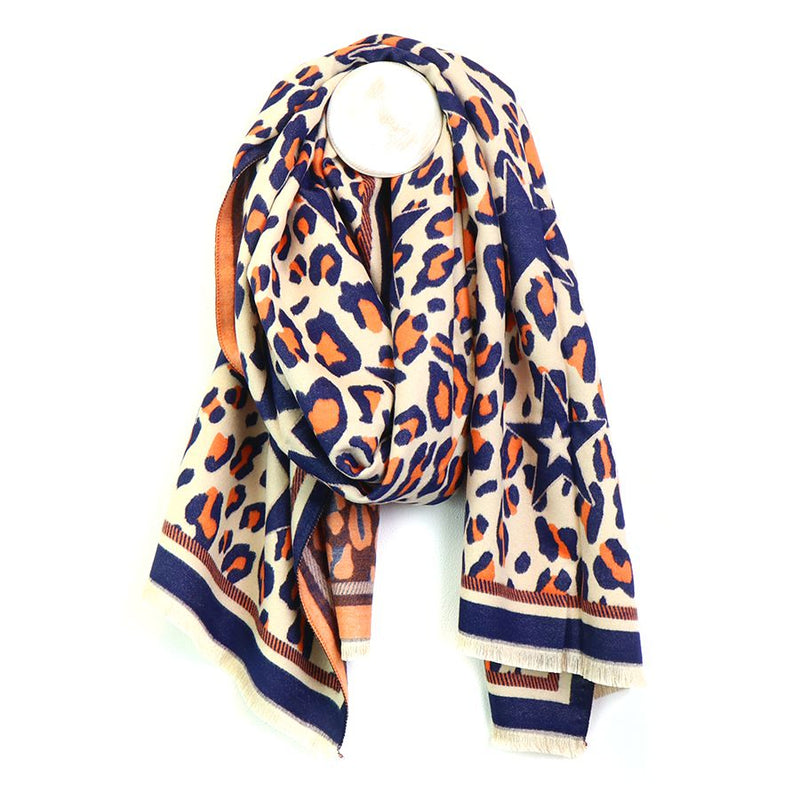 Navy, Cream & Orange Star Animal Print Scarf