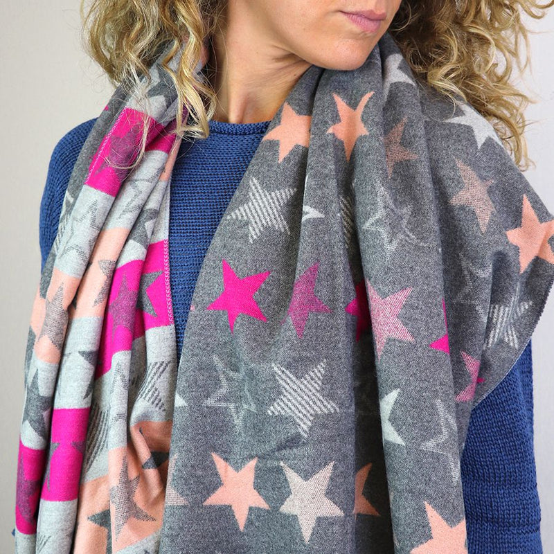 Pink & Grey Mix Reversible Stripes & Stars Scarf
