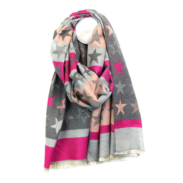 Pink & Grey Mix Reversible Stripes & Stars Scarf