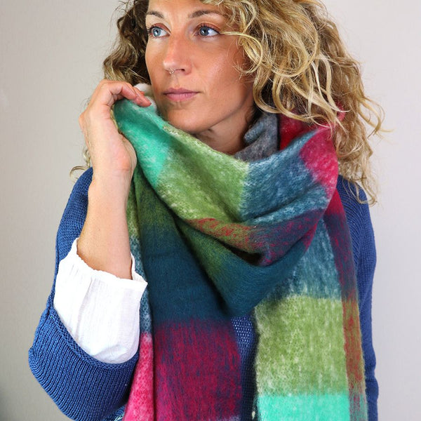 Teal & Raspberry Fluffy Checked Scarf With Fringe
