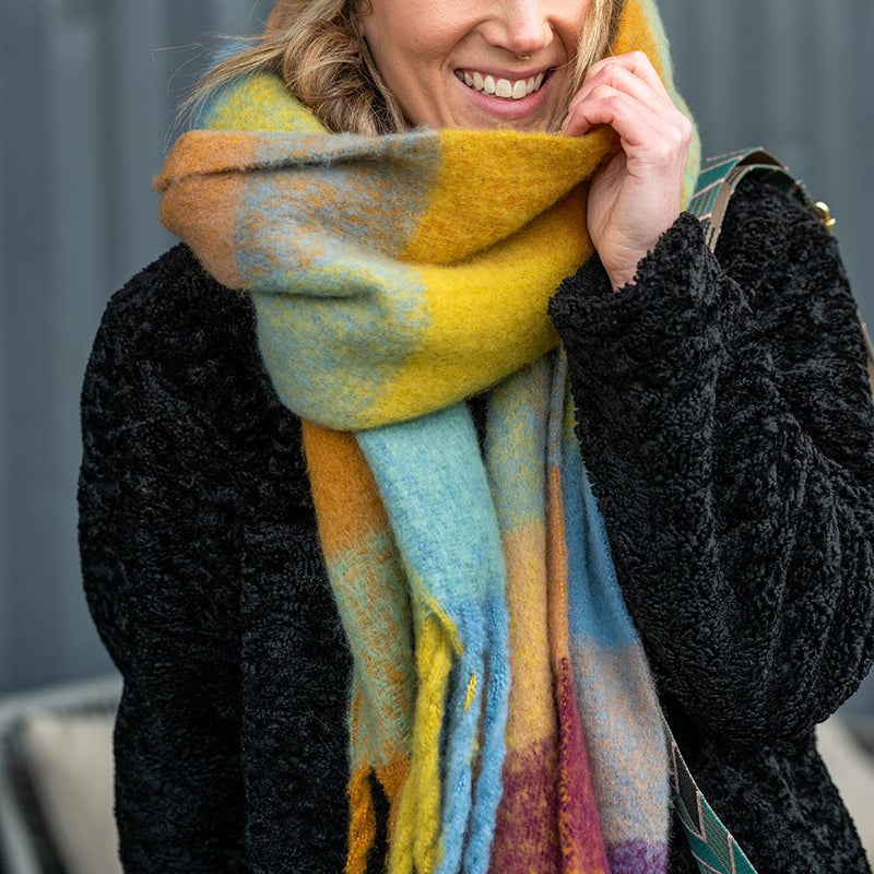 Lime, Burgundy & Aqua Long Fluffy Scarf With Fringe