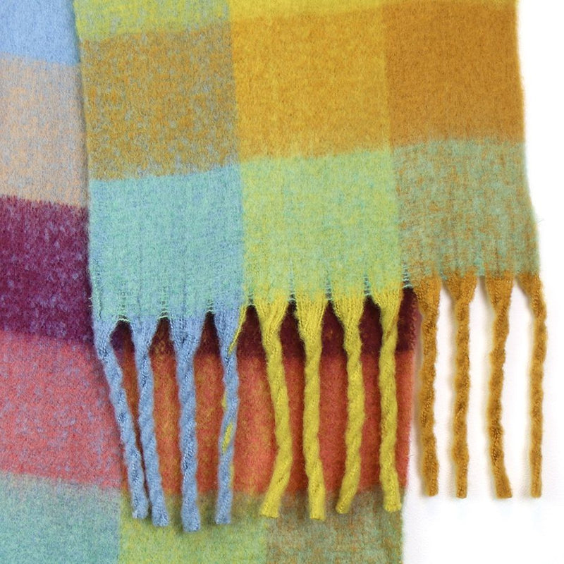 Lime, Burgundy & Aqua Long Fluffy Scarf With Fringe