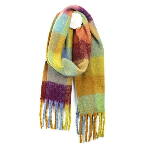 Lime, Burgundy & Aqua Long Fluffy Scarf With Fringe