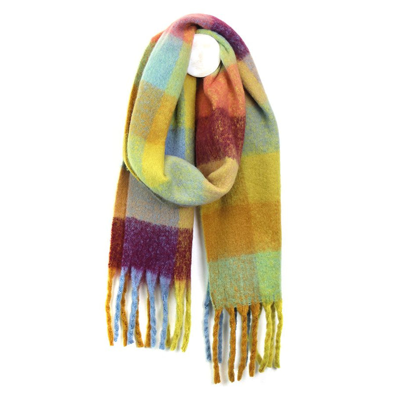 Lime, Burgundy & Aqua Long Fluffy Scarf With Fringe