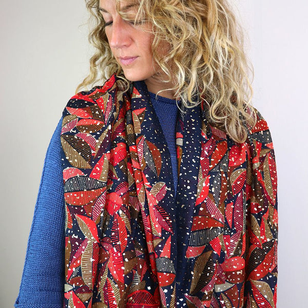 Red Mix Metallic Leaf Print Scarf
