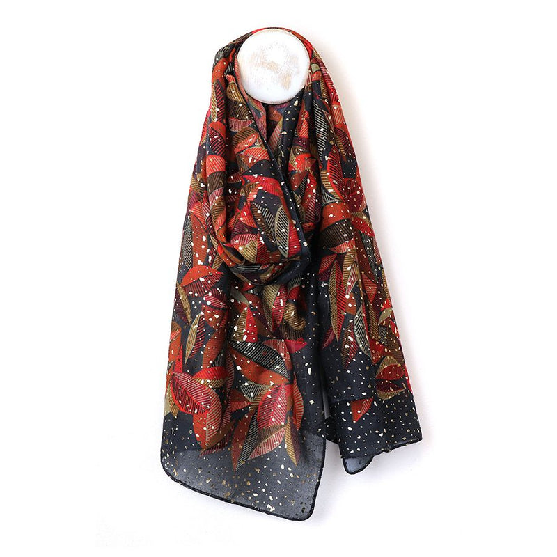 Red Mix Metallic Leaf Print Scarf