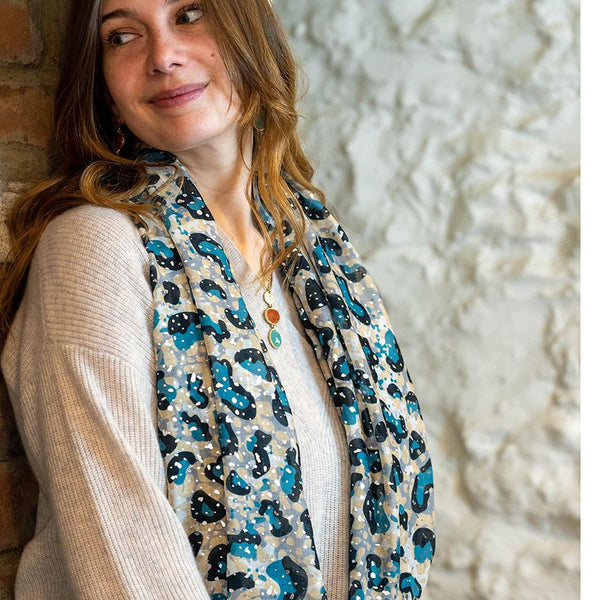 Blue Animal Print Metallic Recycled Yarn Scarf