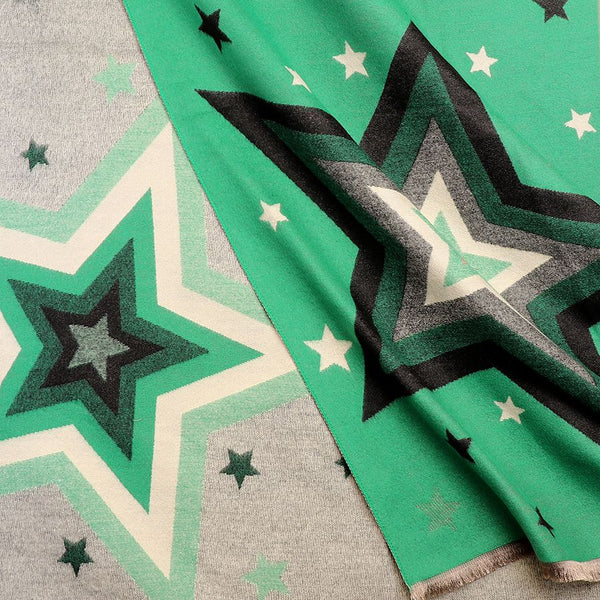 Green and Grey Bold Jacquard Star Print Scarf