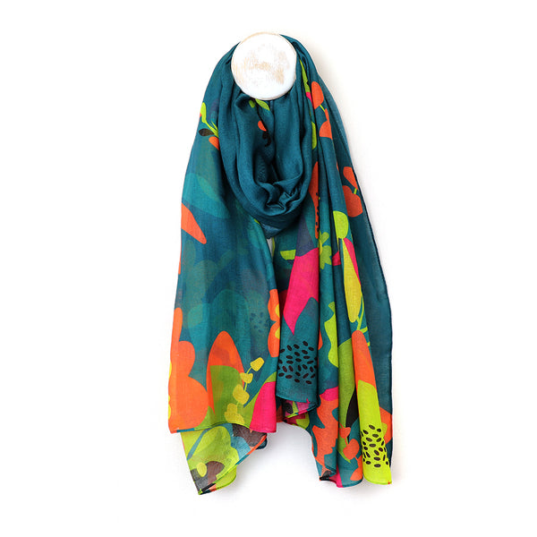 Teal Blue Recycled Scarf With Tropical Print Edge