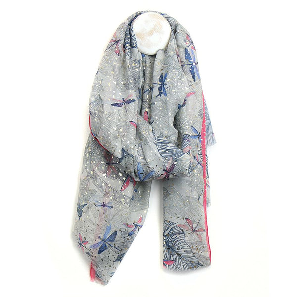 Grey Recycled Dragonfly Print Repreve Scarf