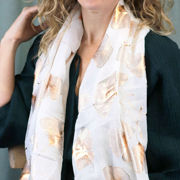 Recycled White & Rose Gold Ginkgo Print Scarf