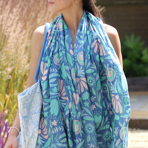 Cotton Dusky Teal Abstract Meadow Print Scarf