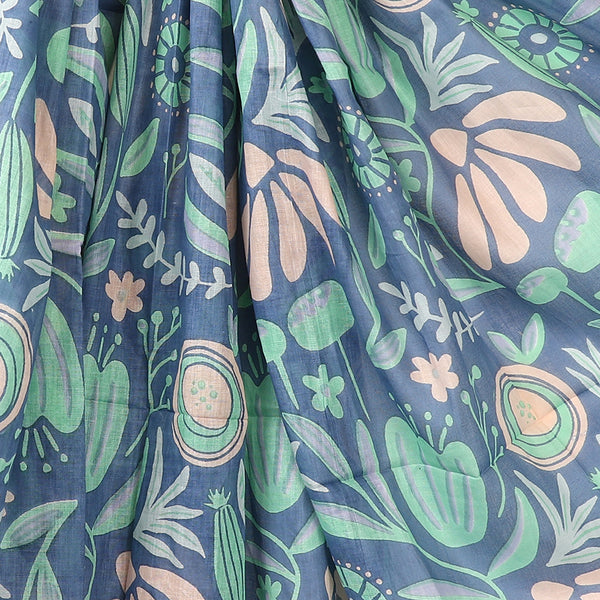 Cotton Dusky Teal Abstract Meadow Print Scarf