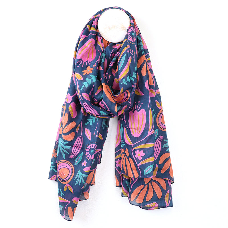 Cotton Navy & Bright Abstract Meadow Print Scarf