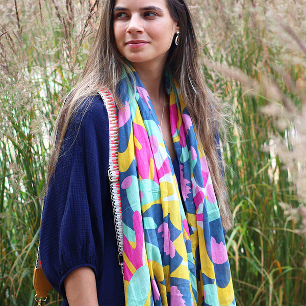 Cotton Abstract Blue & Pink Mix Scarf