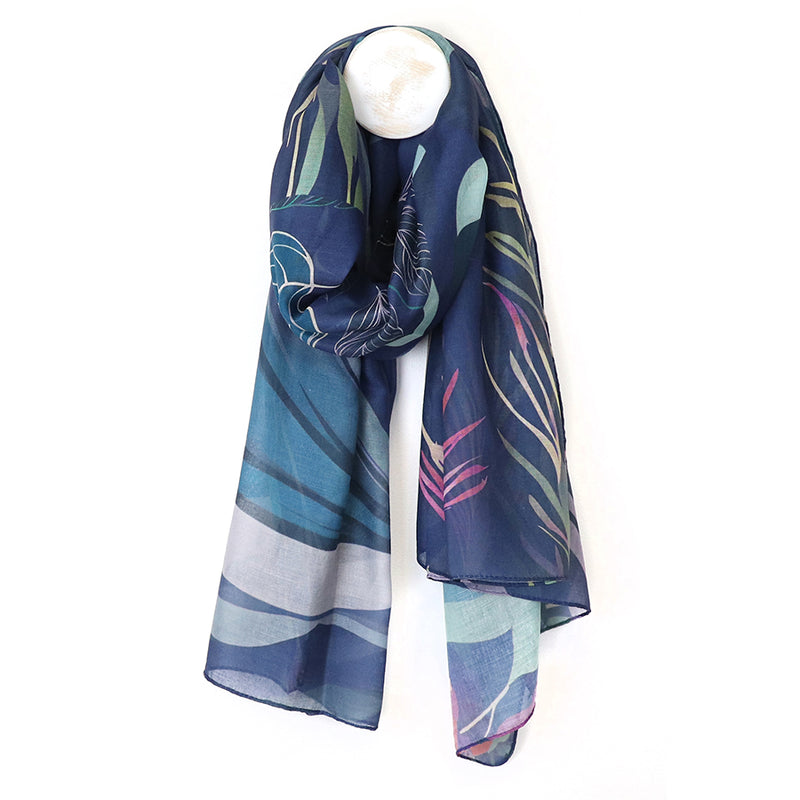 Navy/Purple Multi Abstract Leaves Print Scarf