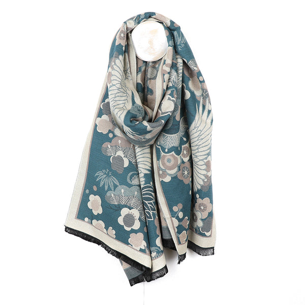 Dusky Teal Crane Floral Jacquard Scarf