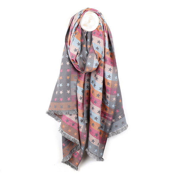 Grey/Rainbow Pastel Star Reversible Jacquard Scarf