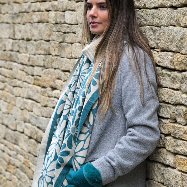 Dusky Teal/Ecru Bold Floral Reversible Jacquard Scarf