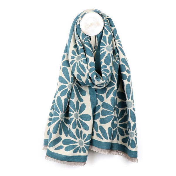 Dusky Teal/Ecru Bold Floral Reversible Jacquard Scarf