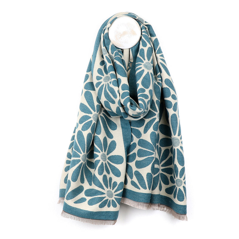 Dusky Teal/Ecru Bold Floral Reversible Jacquard Scarf