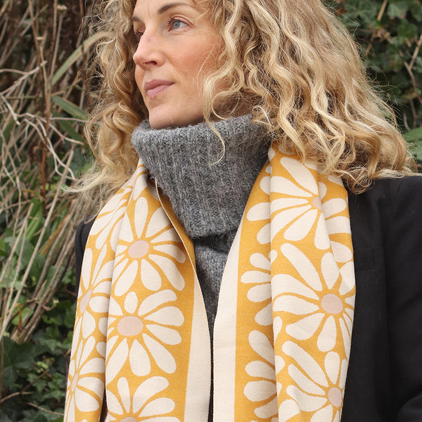 Mustard/Ecru Bold Floral Reversible Jacquard Scarf