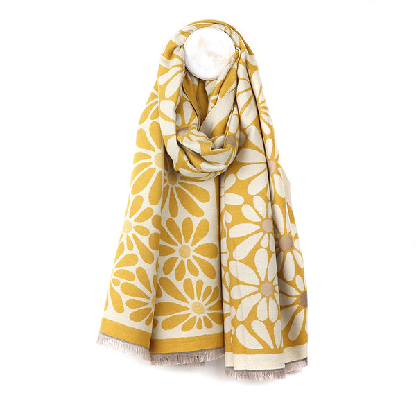 Mustard/Ecru Bold Floral Reversible Jacquard Scarf
