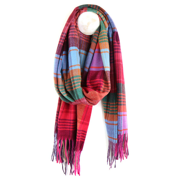 Raspberry Red/Teal Check Winter Scarf