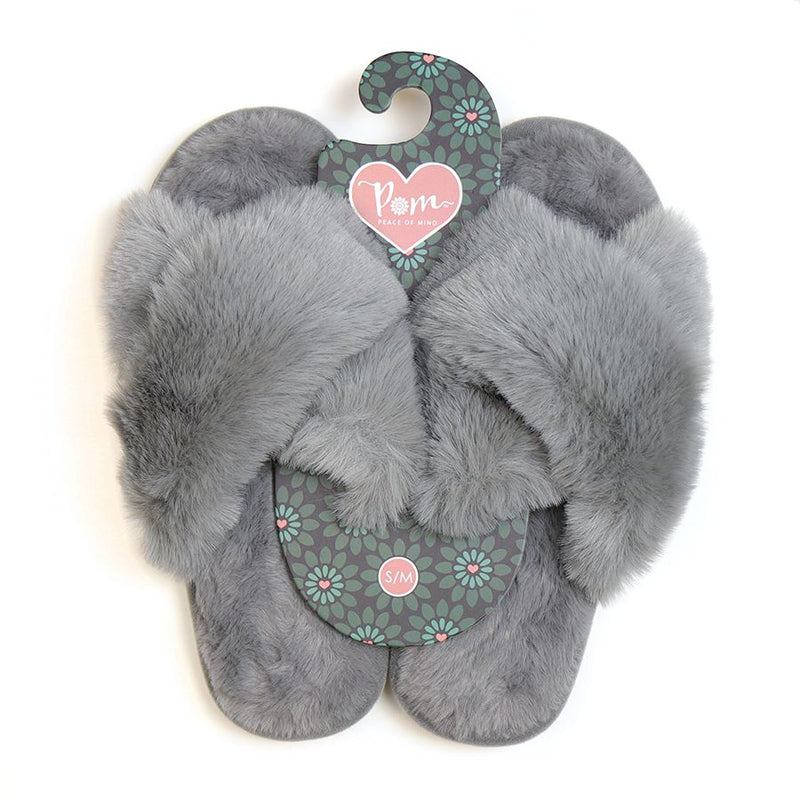 Pale Grey Faux Fur Cross Over Slippers